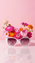 Chunky sunglasses with flowers on a smooth pink surface  