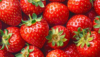 A close-up view of a vibrant arrangement of fresh, ripe, red berries with green leaves, creating a colorful and appetizing display