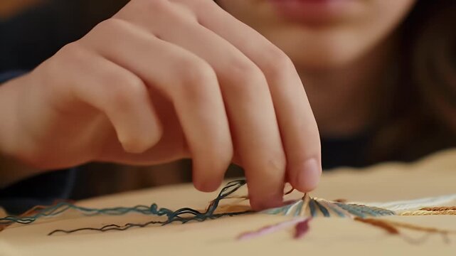 Close-up demonstration of hand embroidery techniques with colorful threads and needle craft