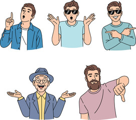 Set of diverse cartoon men showing various emotions and hand gestures like pointing and thumbs down.