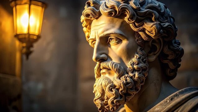 Sculpture of Ancient Greek God in Golden Hour, illuminated by Old Street Light