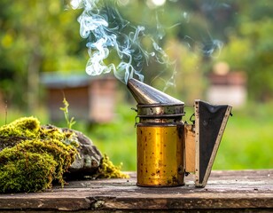 A bee smoker on a wooden surface with moss and smoke