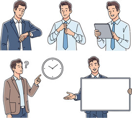 Set of young businessman character illustrations in various poses checking watch adjusting tie using tablet and holding a blank sign.