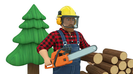 3D Cartoon Lumberjack with Chainsaw, Tree, and Logs