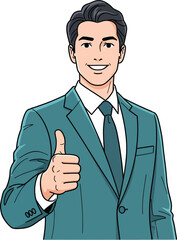 Smiling businessman in a teal suit giving a confident thumbs up gesture.