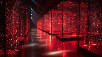 Illuminated data servers creating a visually captivating display, showcasing rows of glowing red lights, in a modern interior