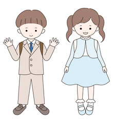 入学式にフォーマルな服装をしたかわいい子供達のベクターイラスト。男の子、女の子、小学生