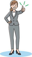 Smiling Businesswoman in Grey Pantsuit Giving a Confident Thumbs Up.