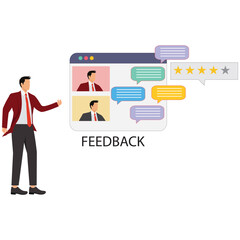 Businessman presenting feedback with speech bubbles and rating stars