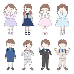 入学式にフォーマルな服装をしたかわいい子供達のベクターイラスト。男の子、女の子、小学生