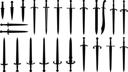 Collection of medieval sword and dagger silhouettes in various historical designs, black weapon icons arranged in rows, isolated on white background for fantasy and combat concepts © Shahariar's World