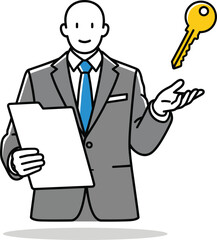 Smiling cartoon businessman in a grey suit holding a clipboard and presenting a golden key.