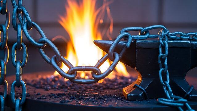 Blacksmith anvil with chain and fire in background industrial tool for metalworking and craftsmanship - Ai Generated - Powered by Adobe