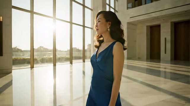 Elegant woman in a blue dress gazing out a large window with bright sunlight streaming in