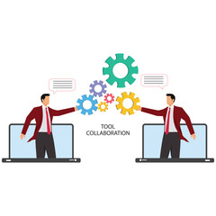 Businessmen collaborating on project with gear icons and laptops
