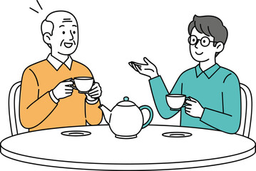 Two men a senior and a younger man with glasses happily conversing over a pot of tea in a line art style.