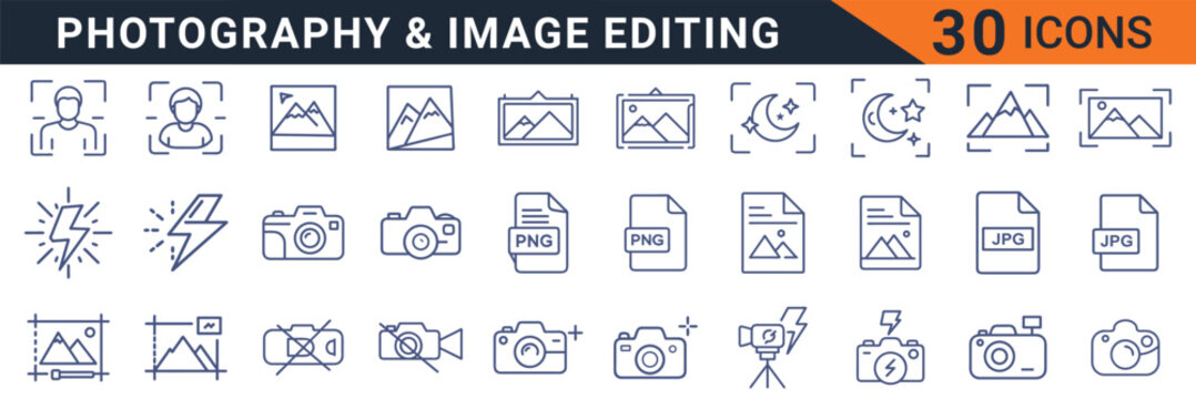 A comprehensive set of thirty minimalist outline vector graphic icons depicting various photography and digital image editing concepts for creative projects.