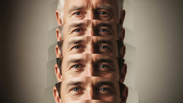 Multiple faces of a man stacked vertically, conveying a sense of complexity and multiple personalities in a close-up illustration