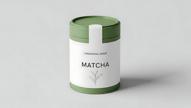 A matcha container with a label and green lid on a white surface, Whisk_7d5fb85b62f1235928e4599a104ab901dr reference for matcha products