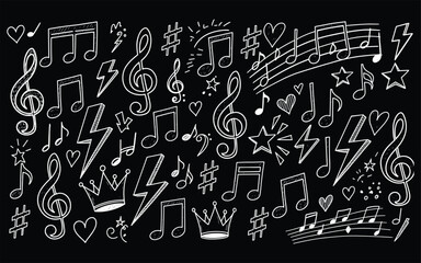 White musical notes and symbols on black background treble clef music symbols white hearts