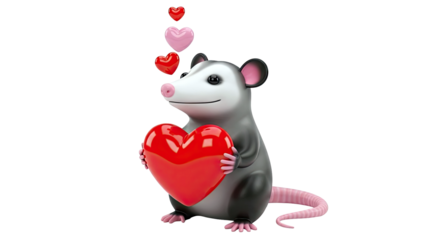 Cute Possum Holding a Heart, Surrounded by Hearts