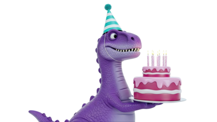 Purple Dinosaur Wearing Party Hat Holding Birthday Cake