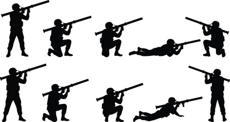 Naklejka premium Collection of military soldier silhouettes aiming rocket launchers in standing, kneeling, and prone positions, black army combat figures isolated on white background for warfare concepts