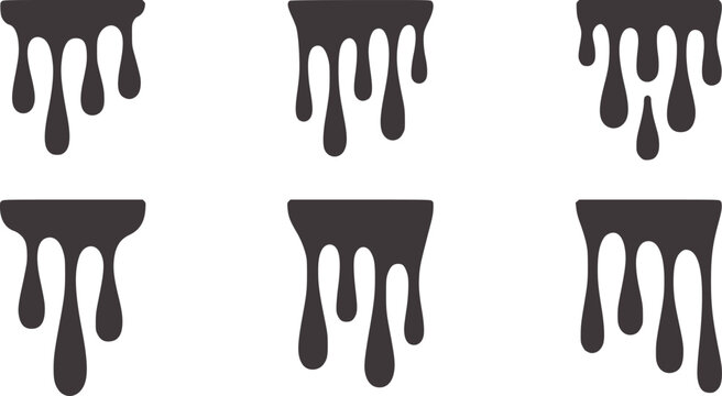 Six dark gray dripping paint splatters liquid