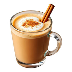 Obraz premium A glass mug of frothy latte coffee with cinnamon stick garnish isolated on transparent background