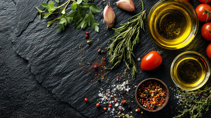 Fresh Culinary Herbs and Spices Arranged on a Dark Slate Background for Mediterranean Cooking.