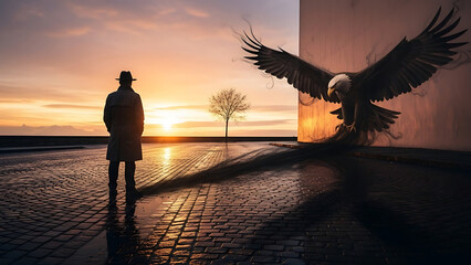 A lone figure stands on a brick path as a large bird takes flight at sunset