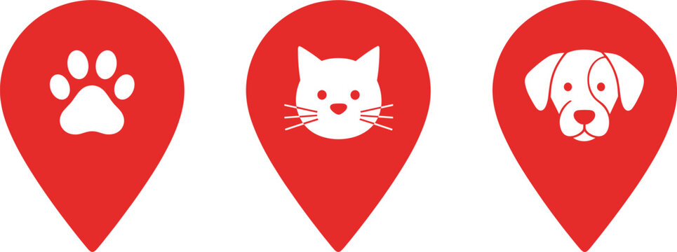 Pet location pin icons vector set with paw cat and dog symbols for veterinary map and animal services design