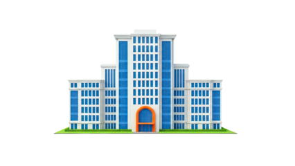 Modern Multi-Story Building with Blue Windows and Orange Archway