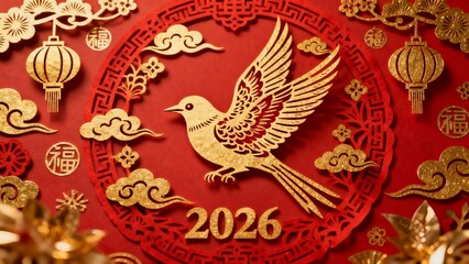 Naklejka premium Golden bird and 2026 text on red Chinese New Year decorative background with lanterns and clouds
