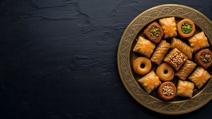 Assorted traditional Middle Eastern pastries on ornate gold plate