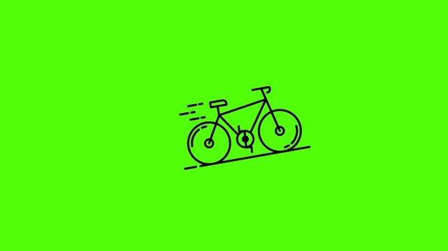 Black bicycle icon with motion lines isolated on green screen background for chroma key