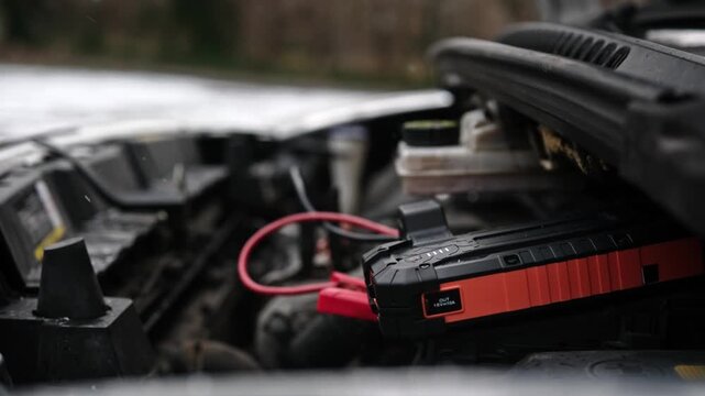 Connected The Portable Jump Starter Battery Device To The Engine With A Low Battery To Maintain Starting Capability For A Dead Car Battery In Winter