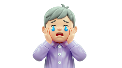 3D Sad Boy Crying with Hands on Cheeks