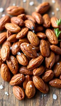 Roasted and salted Marcona almonds sprinkled with coarse sea salt garnish on wood