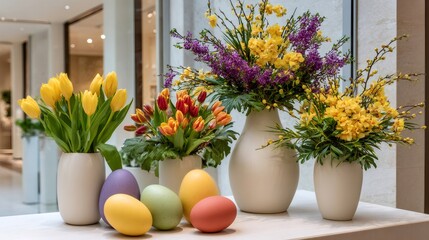 Easter spring floral arrangements with colorful eggs