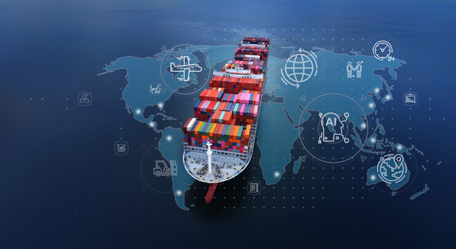Aerial view container cargo ship sails across ocean waters with digital icons and AI network graphics above vessel smart shipping global logistics supply chain maritime technology and transportation