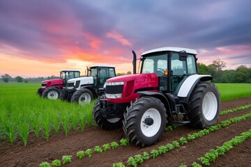 Fototapeta premium Modern tractors standing in green cultivated field at sunset