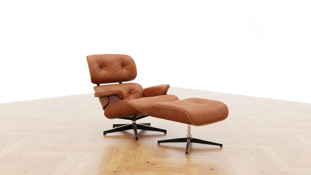 Brown leather Eames lounge chair and ottoman on wooden floor