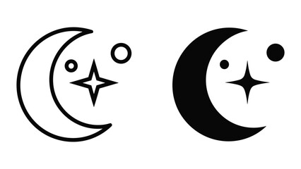 Crescent moon icon set with star and planet