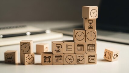 Stacked wooden cubes with clocks, calendars, alarms and hourglass icons forming rising steps on an office desk, representing time management, scheduling, productivity planning and effective daily rout