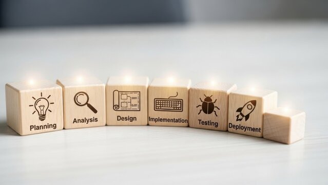 Wooden blocks labeled planning, analysis, design, implementation, testing and deployment in a neat arc on a desk, representing complete software development lifecycle, project workflow and engineering