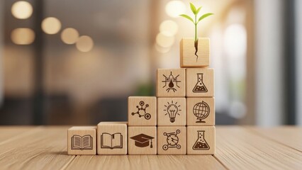 Wooden blocks with education and science icons forming steps that lead to a sprouting plant, symbolizing learning, knowledge growth, STEM education, academic success and nurturing potential for a brig