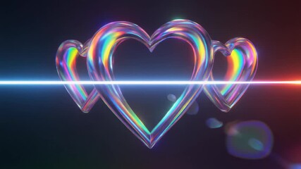 Holographic hearts glowing with moving light beam
