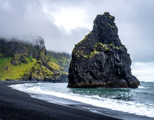 A dramatic landscape featuring a black sand beach, ocean waves, and a towering dark rock formation under a cloudy sky