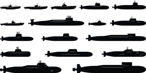 Collection of military submarine silhouettes showing modern naval vessels, underwater fleet designs, maritime defense concepts, and side view profiles isolated on white background